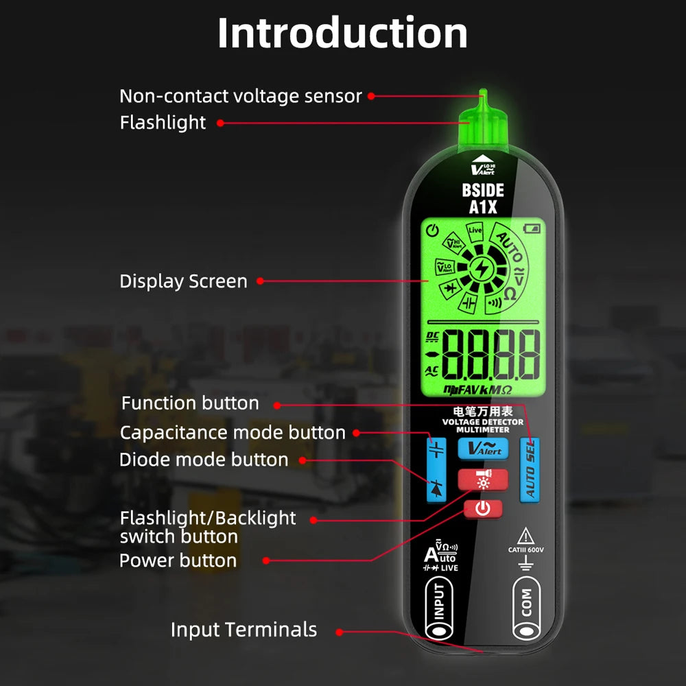 BSIDE A1X A1 Digital Multimeter Electric Test Pen With Flashlight Live Wire Recognition Meter Voltage Resistance Diode NCV Test