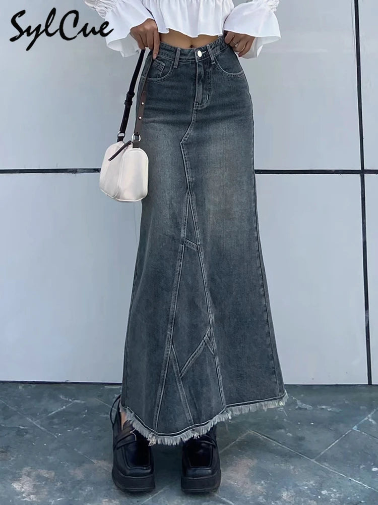 Sylcue Retro Classic All-Match Vitality Casual Commuter Outing Tight Sexy White Irregular Women'S Long Denim Skirt Girl Cool