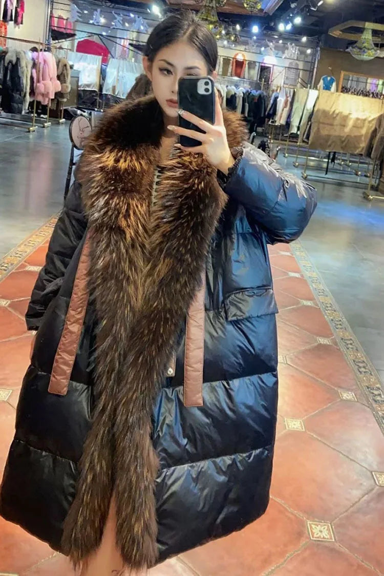 2024 - 2025 New Natural Real Fox Fur Long White Duck Down Jacket Winter Women Warm Loose Coat Thick Outerwear Streetwear