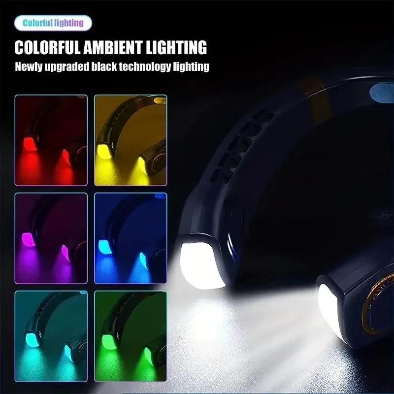 2024 New Portable Bladeless Hanging Neck Fan,LED Digital Power Supply, Ice Ceramic Induction Cooling, Colorful Atmosphere Light