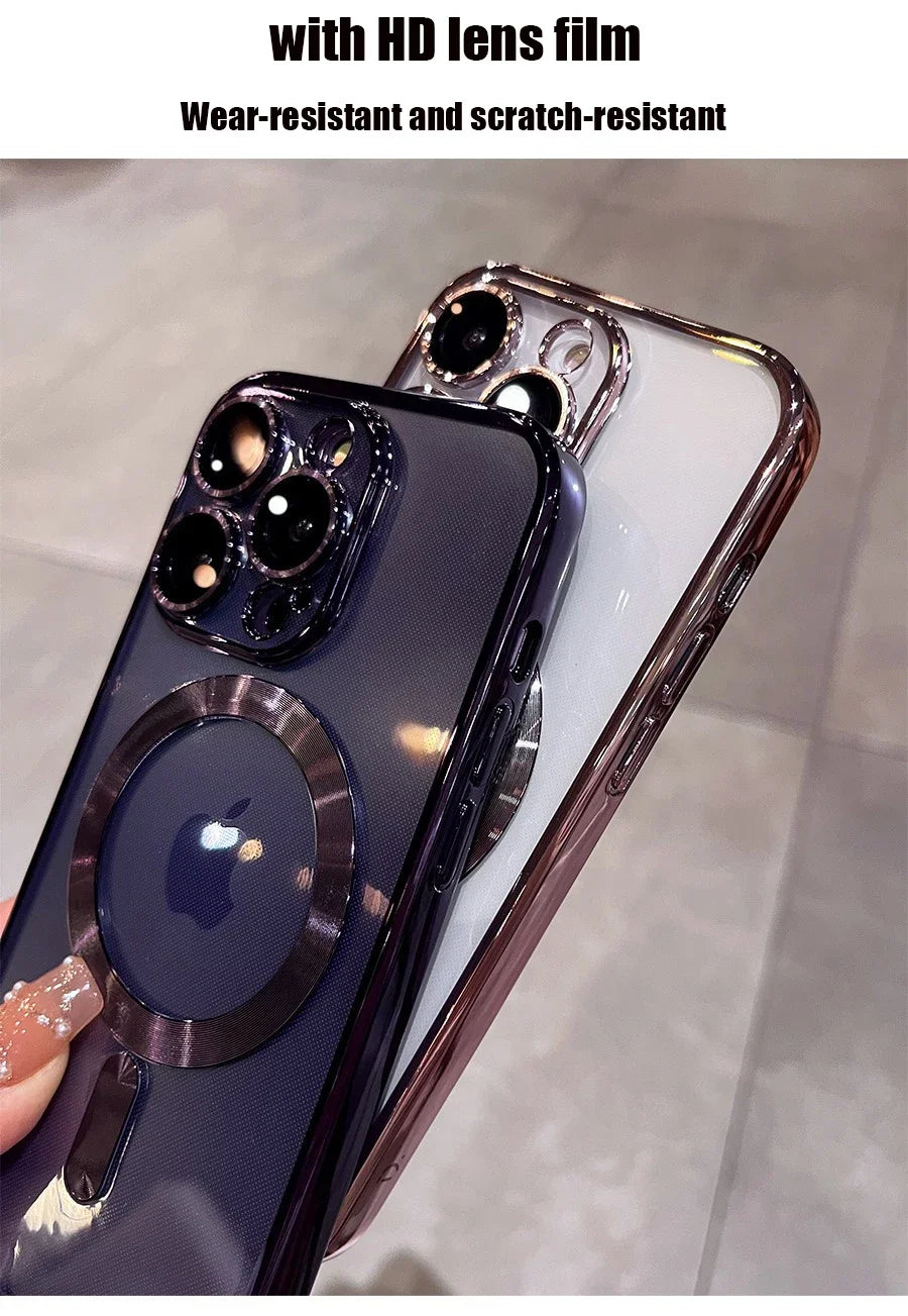 Plating TPU Magesafe Case For iPhone 16 15 14 13 12 11 Pro Max For Plus Magnetic Wireless Charging Full Lens Protect Clear Cover