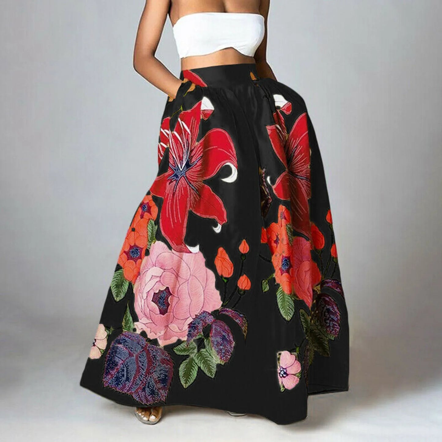 Women Floral Print Maxi Skirt Bohemian High Waist Pocket Party Long Skirt Loose Ruched Dress Elegant Female Fashion A-Line Skirt