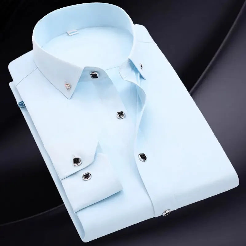 Summer Business Slim Fit White Shirt for Men - British Casual Tooling Style with Three Buttons Men's Long Sleeve Shirts