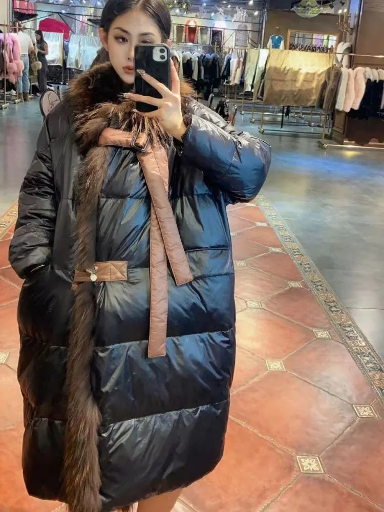 2024 - 2025 New Natural Real Fox Fur Long White Duck Down Jacket Winter Women Warm Loose Coat Thick Outerwear Streetwear