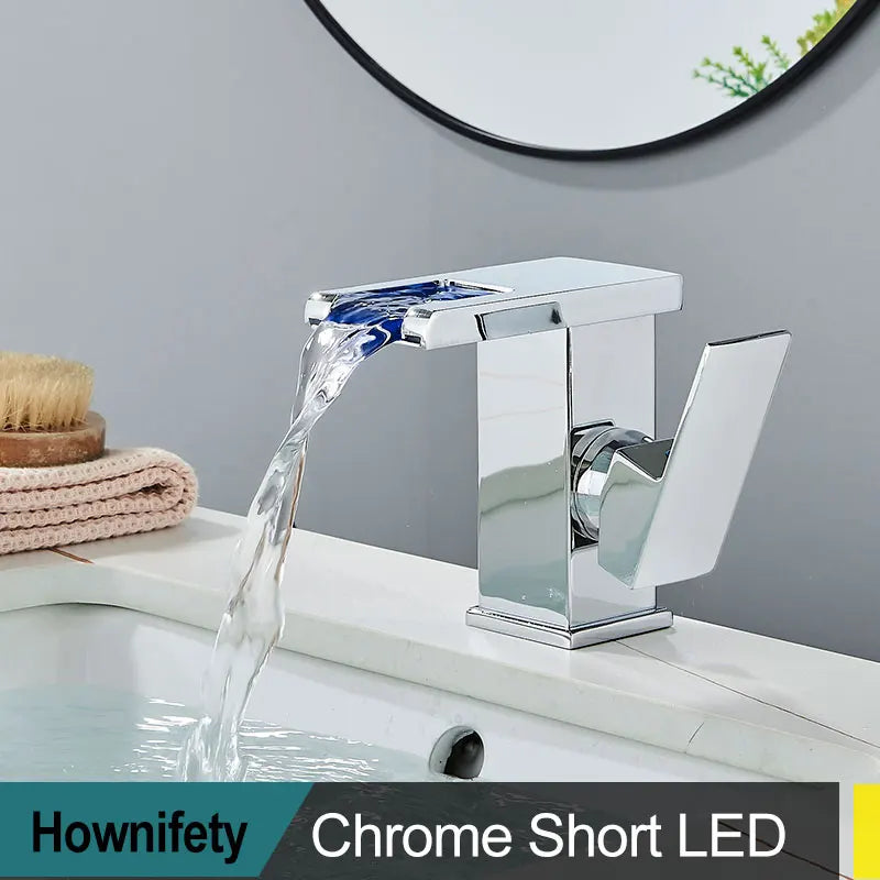 Brass LED Waterfall Bathroom Basin Faucet Deck Mount Cold Hot Water Mixer Crane Tap Short or Tall Tapware Water Flow Motor Free shipping