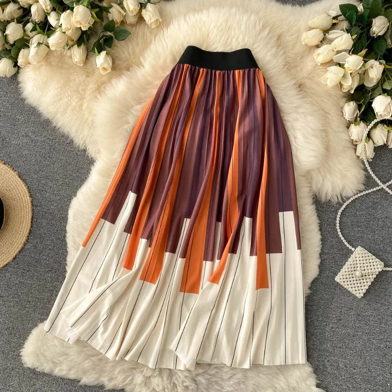 Spring Autumn Gradient Drape Pleated Long Skirt ITALY Swing Plaid Color Block A-line Thick Long Skirts