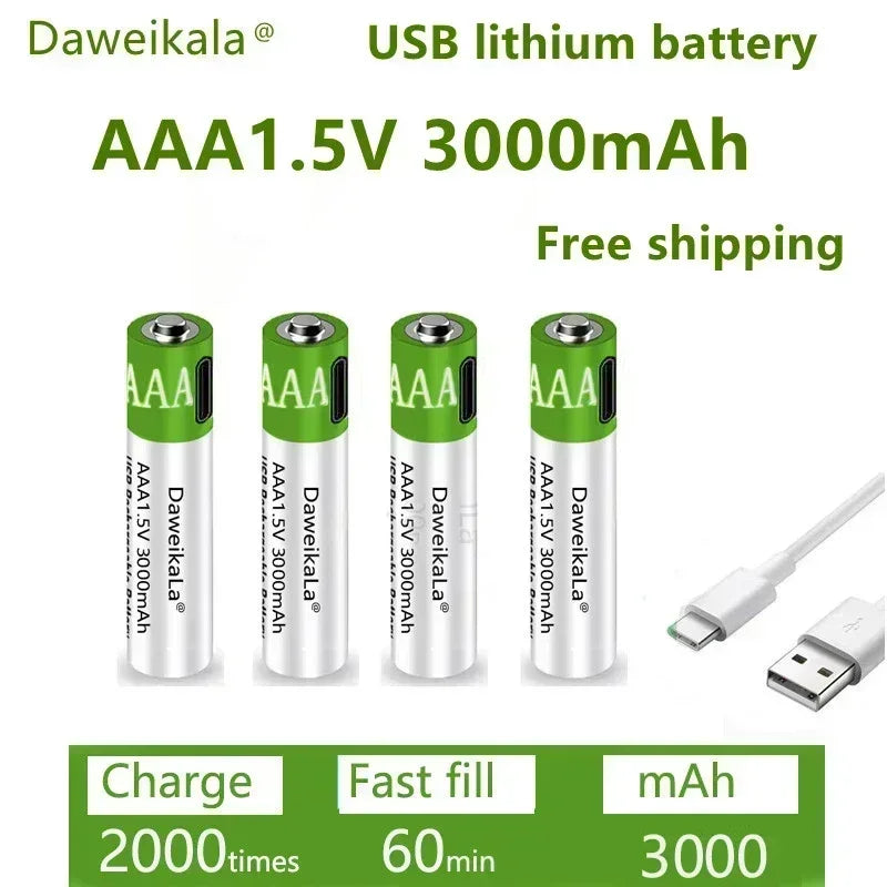 USB AAA Rechargeable Batteries 1.5V 3000mAh li-ion battery for remote control mouseElectric toy battery + Type-C Cable