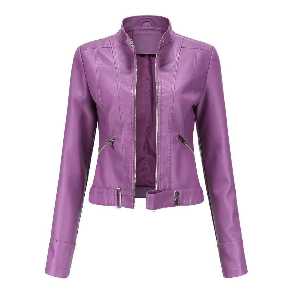 Spring Autumn Stand Collar Ladies Thin Leather Outerwear 2024 New Style Women's Leather Jacket Short Slim Fit