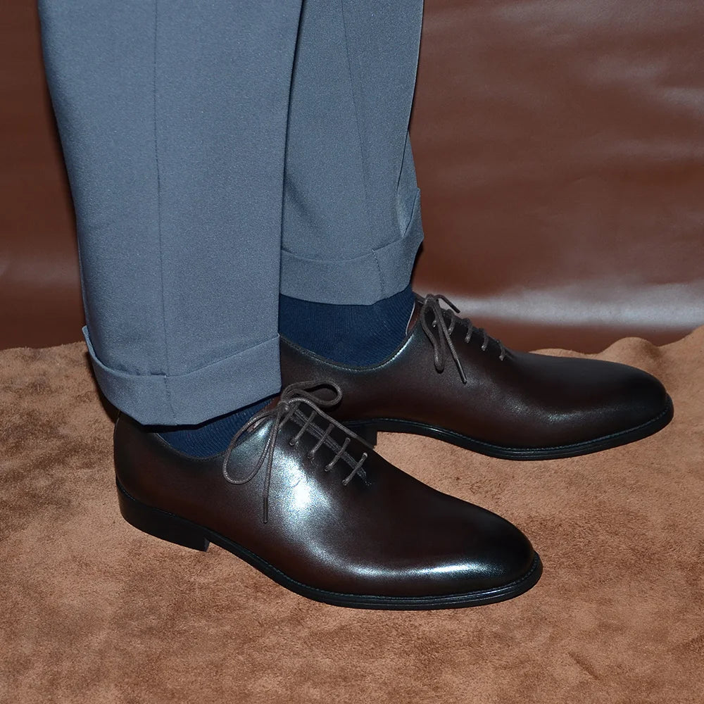 Brand Designer Whole Cut Oxford Dress Shoes Men Genuine Leather Handmade Lace Up Plain Toe Business Office Formal Wedding Shoe