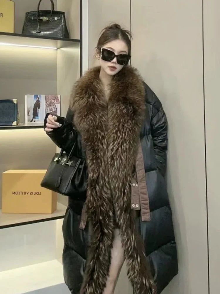 2024 - 2025 New Natural Real Fox Fur Long White Duck Down Jacket Winter Women Warm Loose Coat Thick Outerwear Streetwear