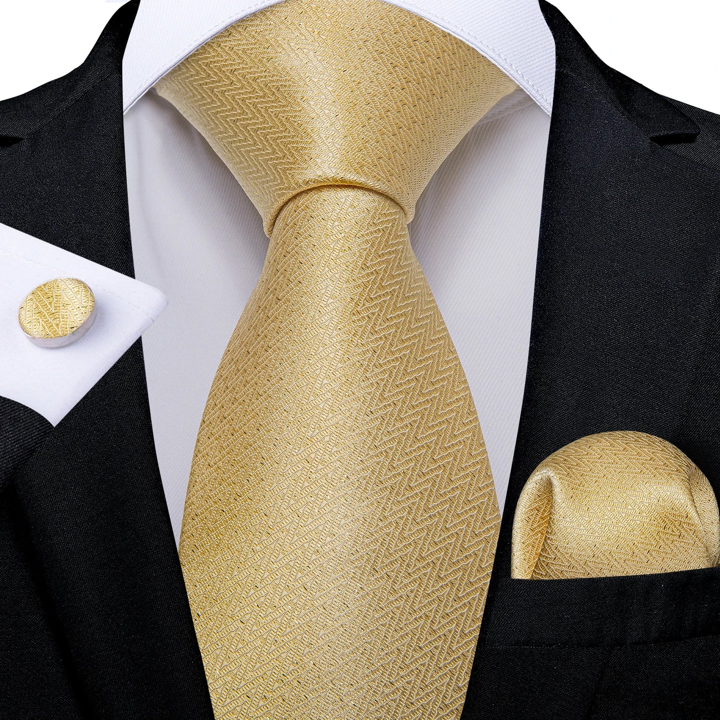 Brand New 2025 Mens Tie 100% Silk Classic Jacquard Woven 8cm Gold Yellow Formal Business Wedding Neck Tie Pocket Square Set Suit Cravat