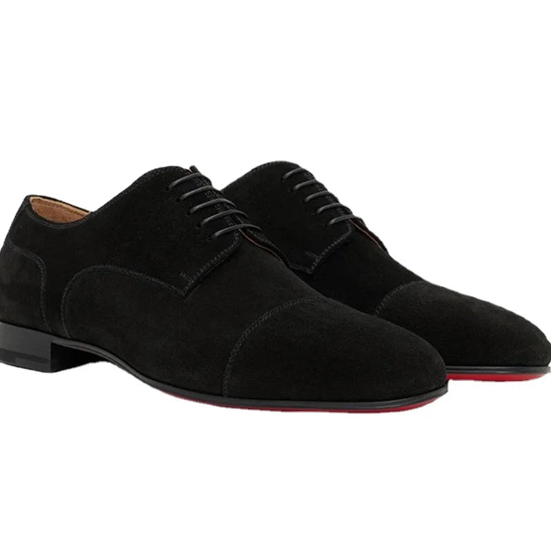 Brand New 2024-2025 Red Sole Men Shoes Black Flock Derby Shoes Breathable Lace-up Handmade Men Shoes Free Shipping Chaussures Pour Hommes