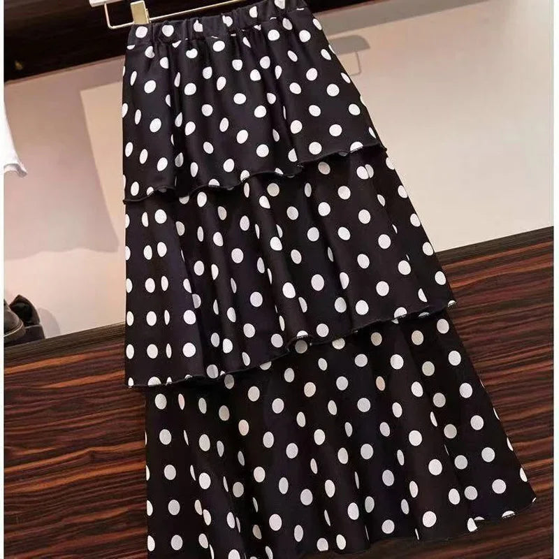 Summer Fashion Bohr Dot Slim Four Layers Chiffon Skirt Women Classic High Waisted All-match Lady Casual Cake Skirt