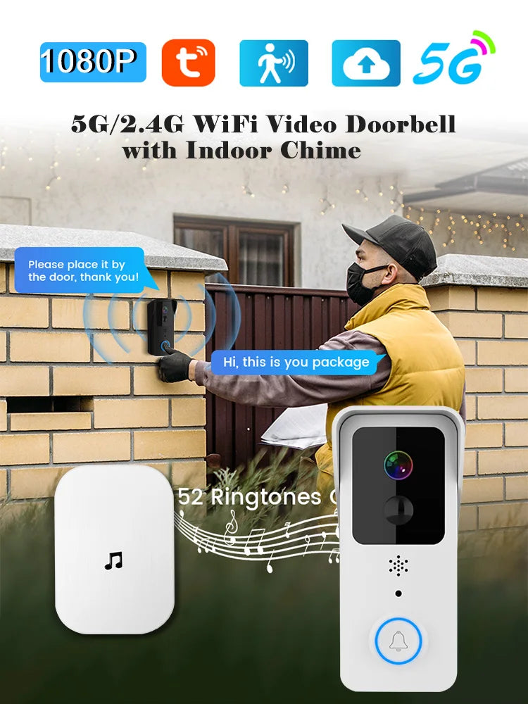 5GHz 2.4GHz Wireless WIFI Doorbell 1080P Video Intercom Door Bell with Camera Tuya Smart PIR Motion Detection Home Security Bell