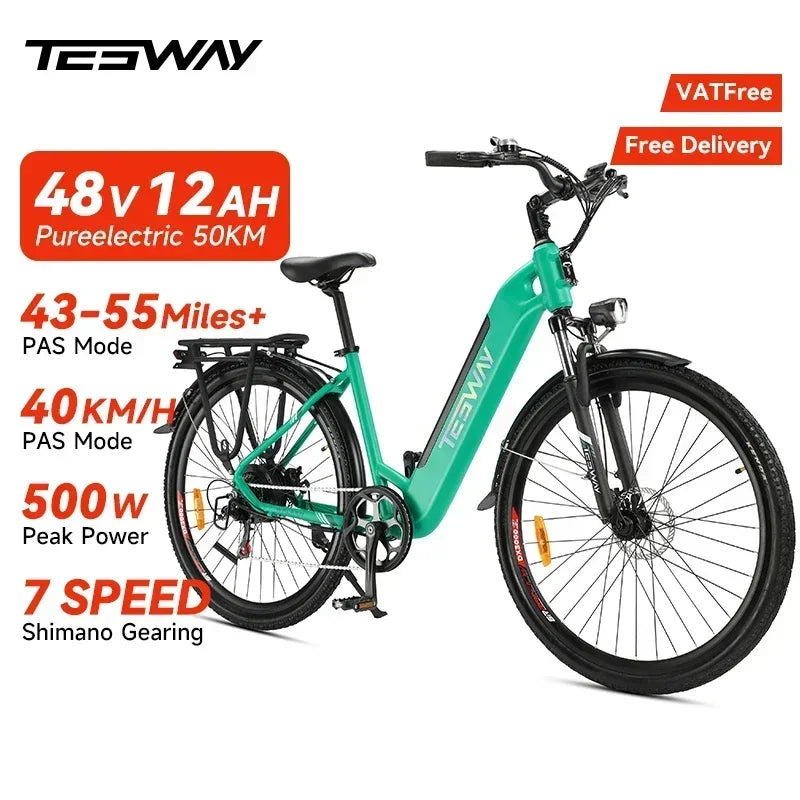 2025 NEW TESWAY Electric Bike 500W Motor 48V 12AH Battery 27.5*2.4-inch Tires 40km/h Max Speed 90km Range Mechanical Disc Brakes