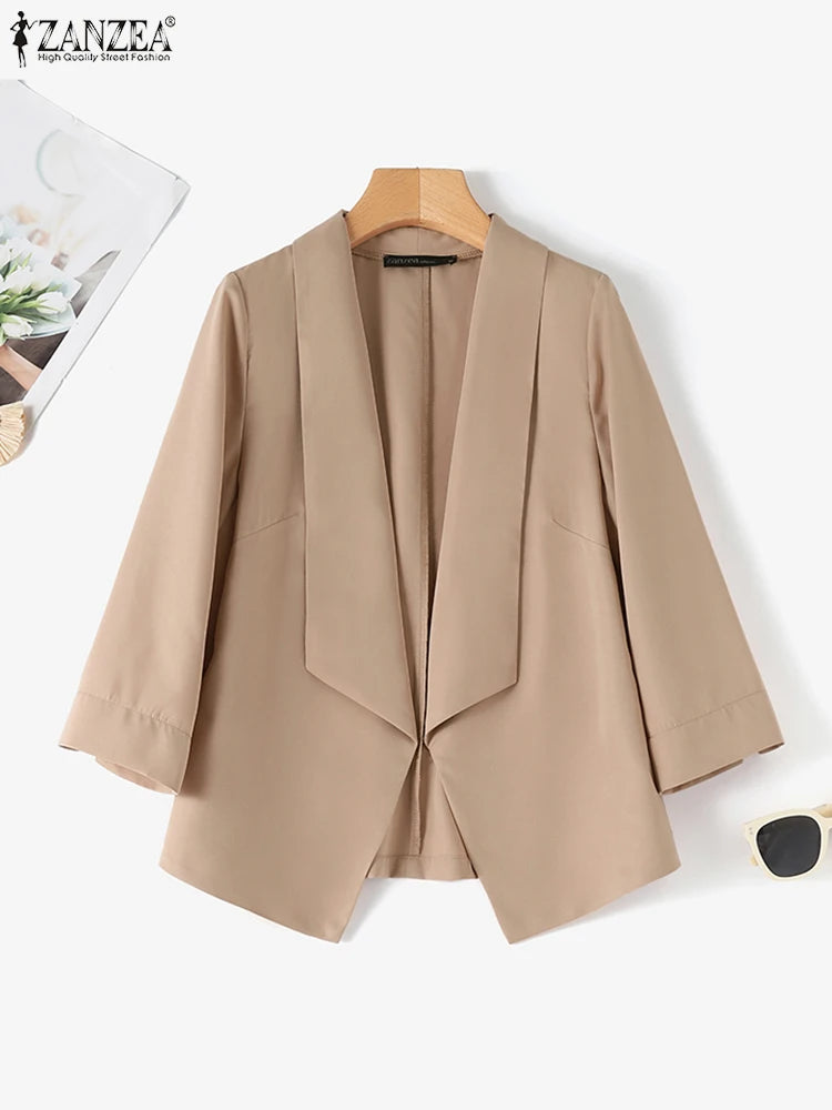 ZANZEA Elegant Women OL Work Blazer Spring Lapel Neck 3/4 Sleeve Suits Jackets Fashion Solid Office Wear Open Front Cardigan