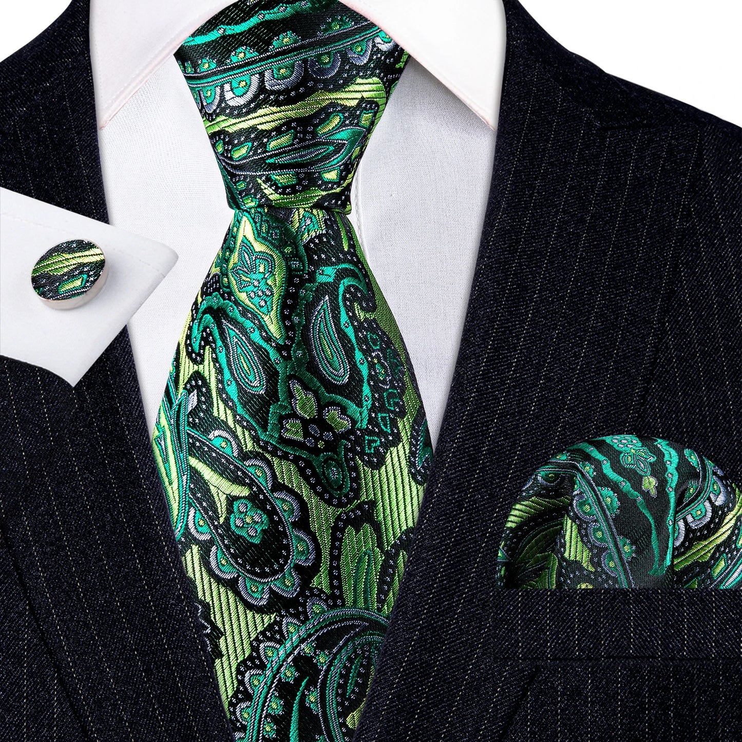Amazony Epic Green Silk Mens Tie Hanky Cufflinks Set Mint Grass Teal Bottle Sage Pea Green Necktie For Male Wedding Business Party