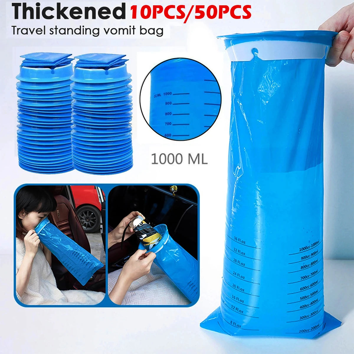 10-100Pc 1000ml Vomit Bags Disposable Barf Bags Puke Nausea Bags for Travel Plane Motion Sickness Car Aircraft Bus Kids Pregnant