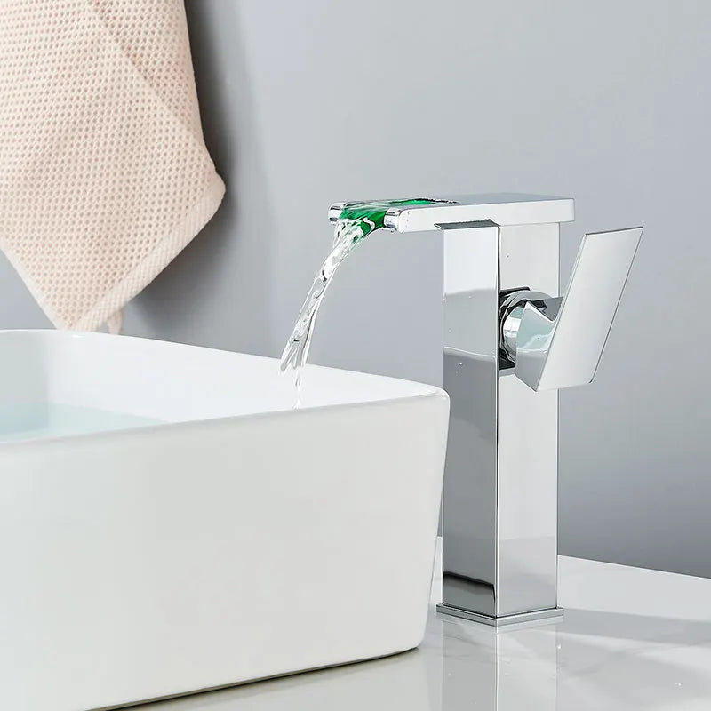 Brass LED Waterfall Bathroom Basin Faucet Deck Mount Cold Hot Water Mixer Crane Tap Short or Tall Tapware Water Flow Motor Free shipping
