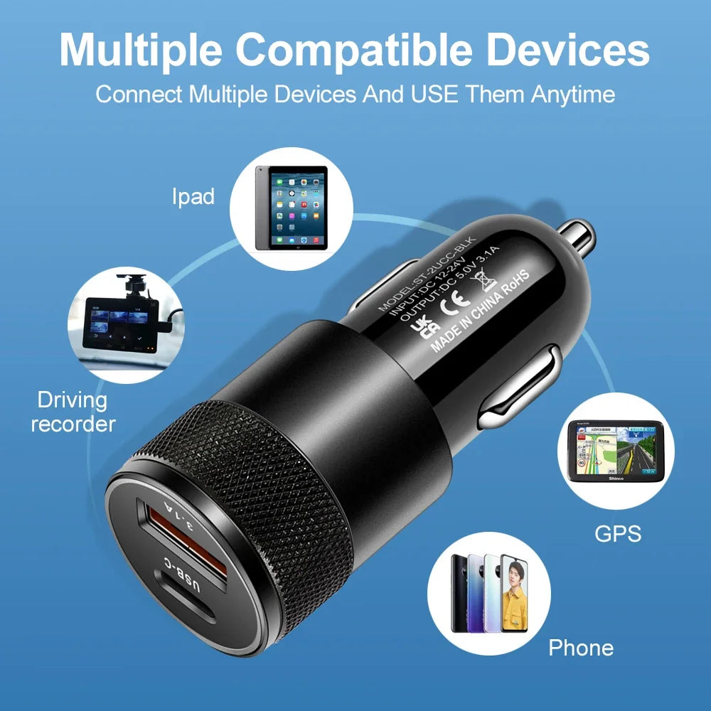 USB Car Charger Quick Charge 3.0 Type C Fast Charging Phone Adapter for iPhone 13 12 11 Pro Max Redmi Huawei Samsung S21 S22