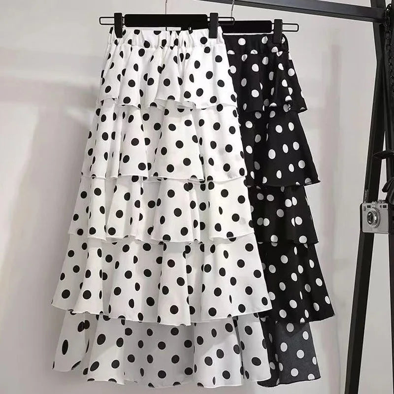 Summer Fashion Bohr Dot Slim Four Layers Chiffon Skirt Women Classic High Waisted All-match Lady Casual Cake Skirt