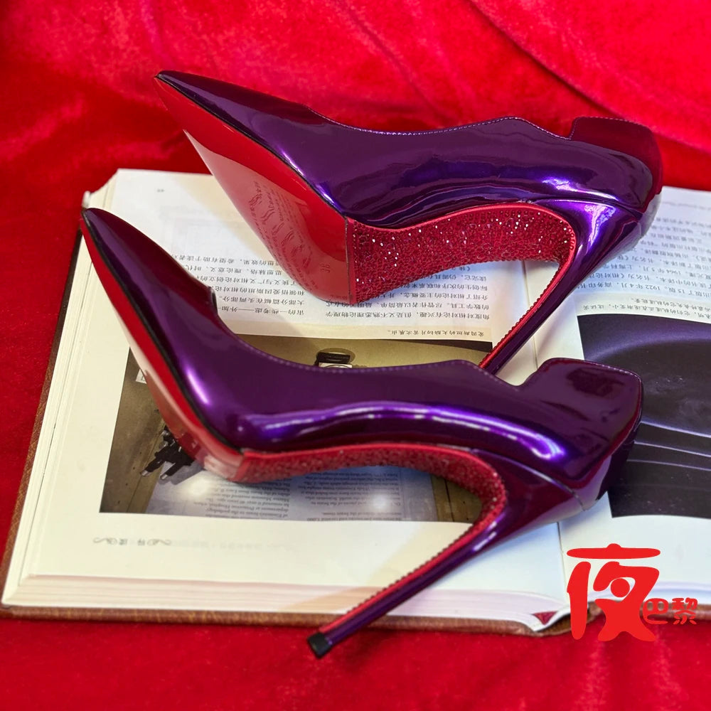 12CM New Wave Edge Shallow Mouth Pointed Shoes European and American Sexy Water Diamond Bottom Fine Heels