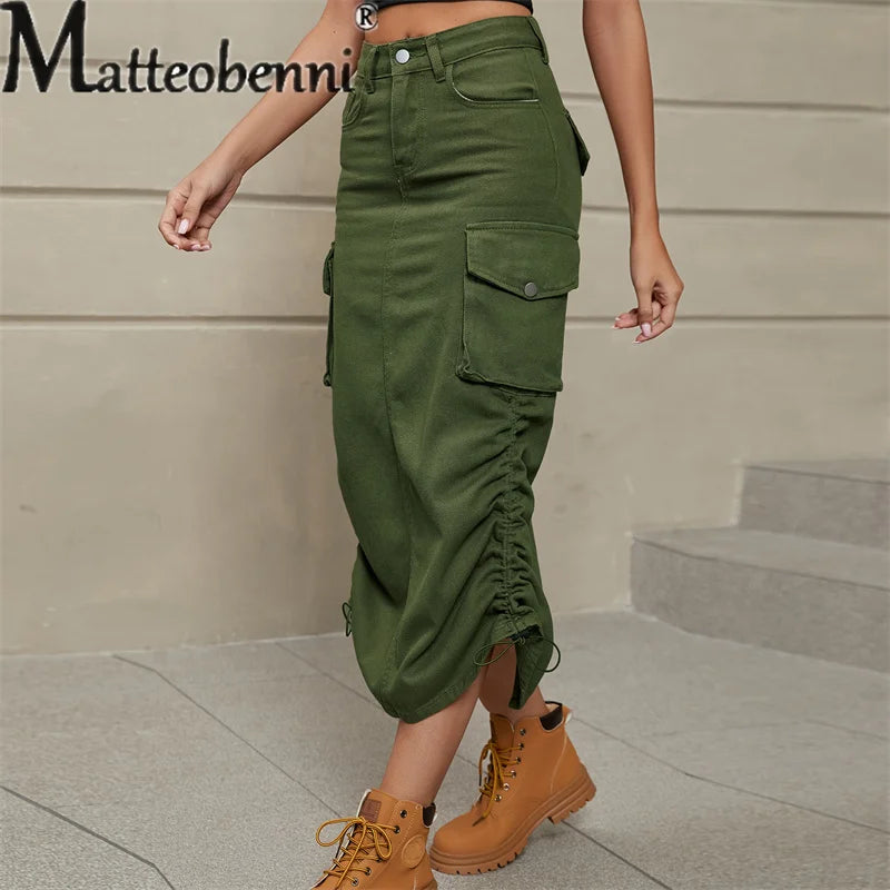 2024 Vintage Draw Pleat Half-body Dress Women Casual Trend Pocket Splicing Button Denim Overalls Skirt Female Clothes Streetwear