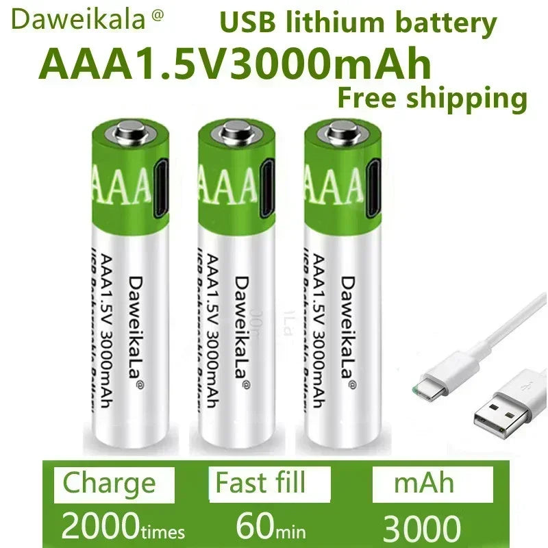 USB AAA Rechargeable Batteries 1.5V 3000mAh li-ion battery for remote control mouseElectric toy battery + Type-C Cable