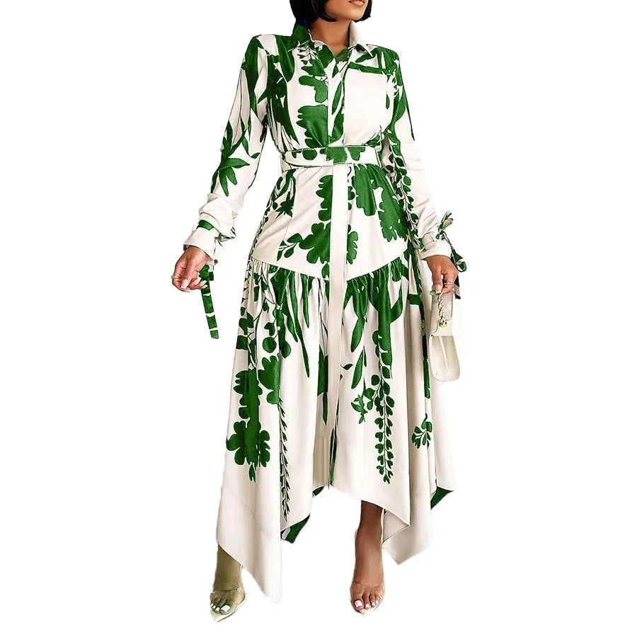 Brand New collections 2024-2025 Elegant Shirts Dresses for Women Printed Turn Down Collar Full Sleeve Belt Waisted Asymmetric Fashion Ladies Birthday Vestidos