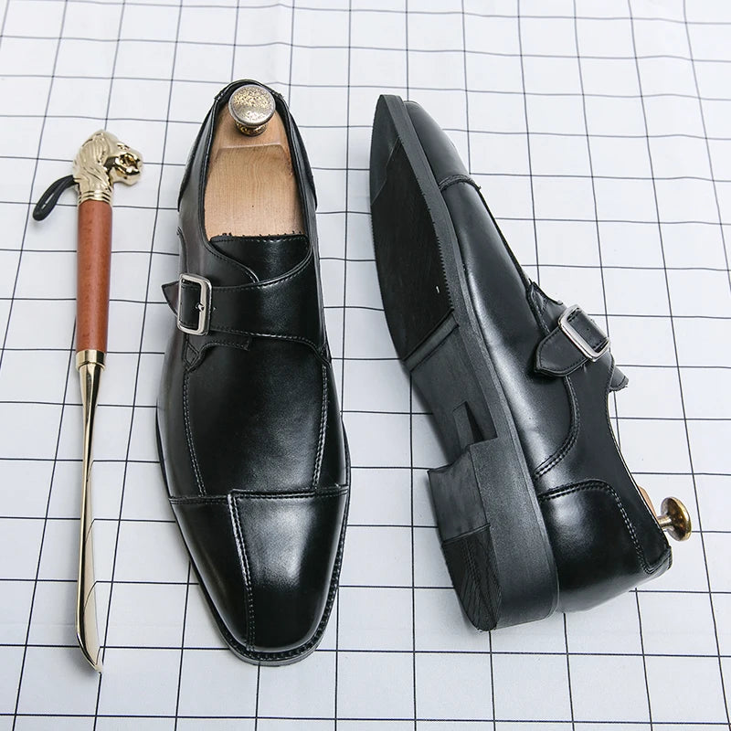 Brand new 2024-2025 Classic Monk Leather Man Shoes Color Block Round-Toe Buckle Business Dress Leather Shoes Man Casual Wedding Party Shoes For Man