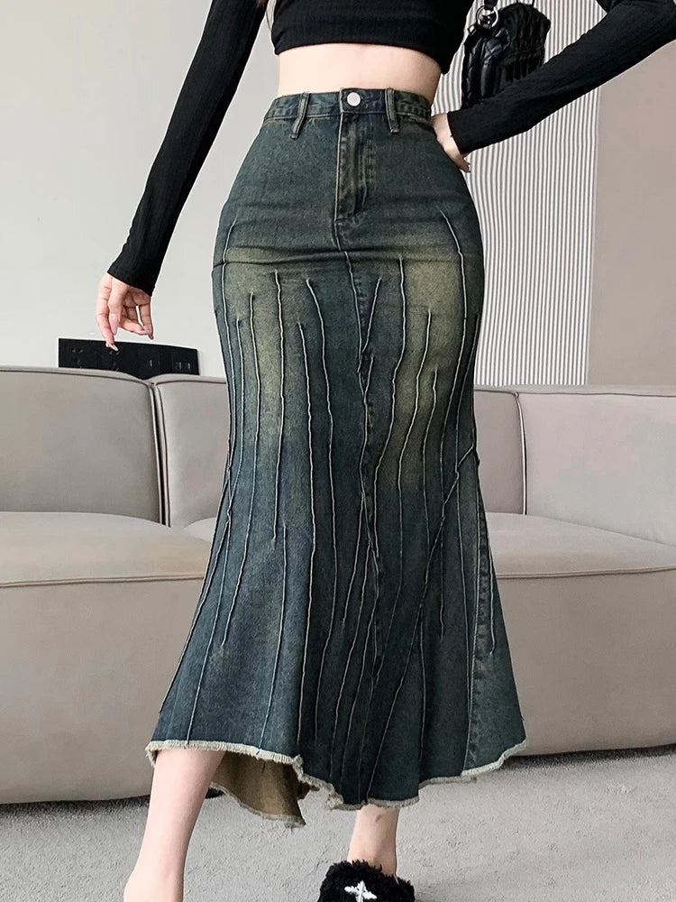 Vintage Ripped Women Skirt 2023 New Fashion Y2K Streetwear Jeans Skirts Female Retro Casual Irregular Hip Skirts Denim