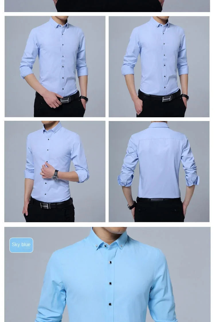 Summer Business Slim Fit White Shirt for Men - British Casual Tooling Style with Three Buttons Men's Long Sleeve Shirts