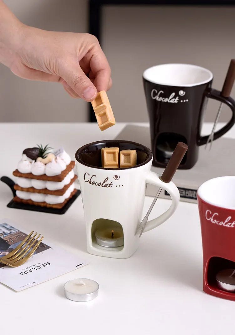 Ceramic Chocolate Cup European Candle Cup Cheese Chocolate Melting Ceramic Mug Heating Food Ceramic Mugwith Fork Creative Mugs
