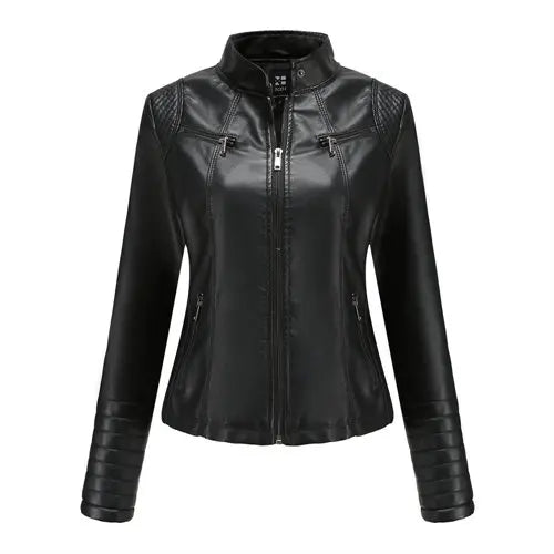 Bright Red V-neck Leather Jacket Women's, Fashion Slim PU Coat, Black Short Outerwear Size XS S M L XL XXL