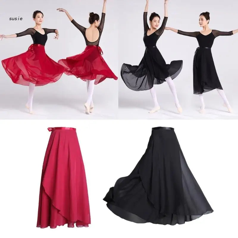 Women Ballet Dance Skirt Asymmetric Long Dance Skirt Chiffon Wrap Skirt with Tie Waist Skate Over Scarf Skirt Dancewear