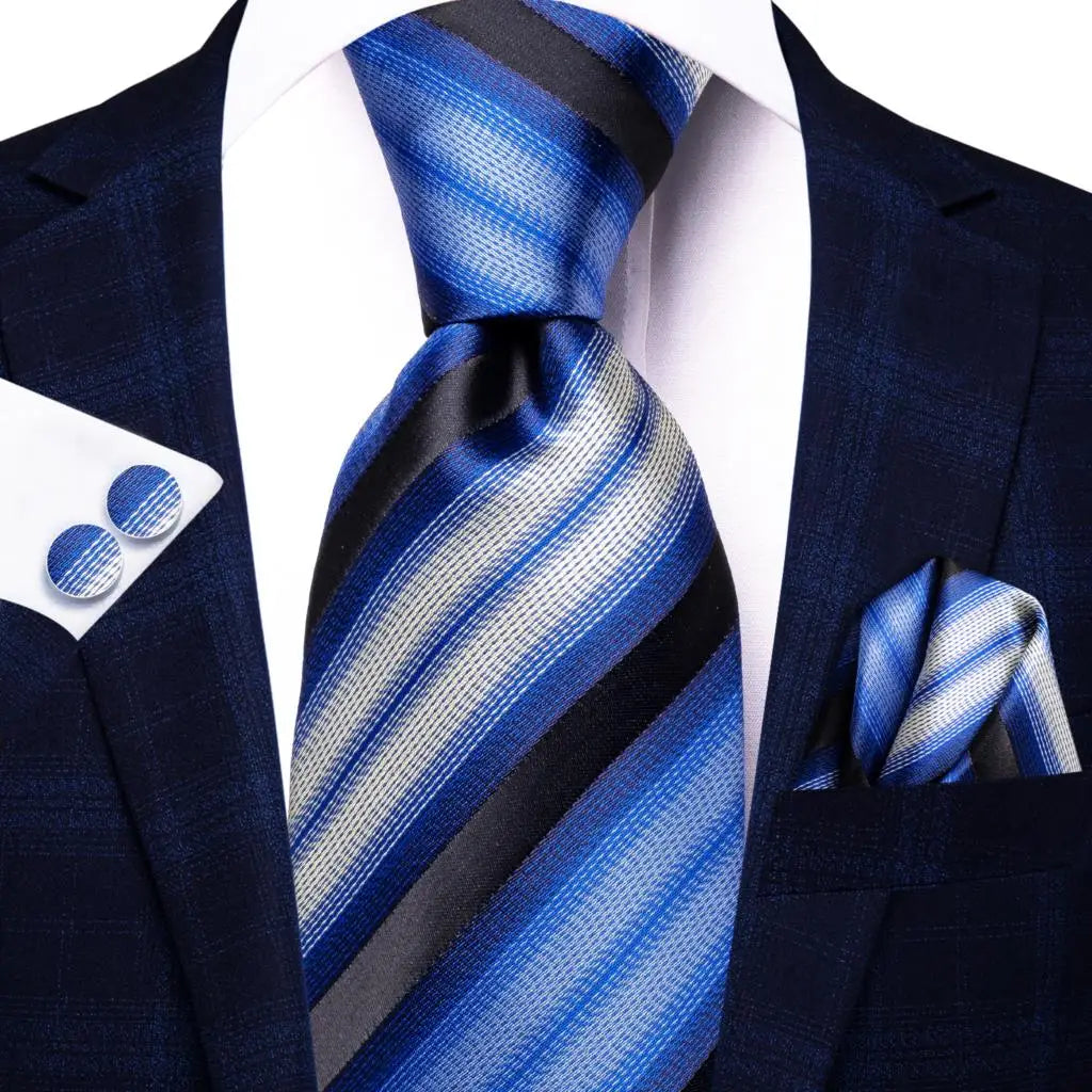 Brand New 2025 Hi-Tie Light Blue Striped Novelty Silk Wedding Tie For Men Handky Cufflinks Nicktie Set Fashion Design Business Party