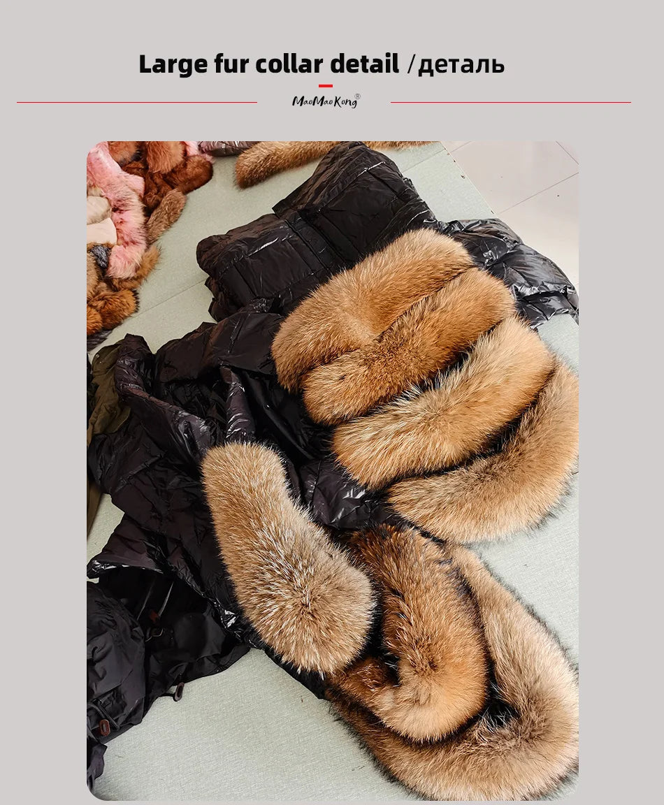 Amazony 2024- 2025 Women Winter Black Loose Long Down Jacket Real Fox Fur Collar Hooded Fashion Waterproof Female Extra Large Coat