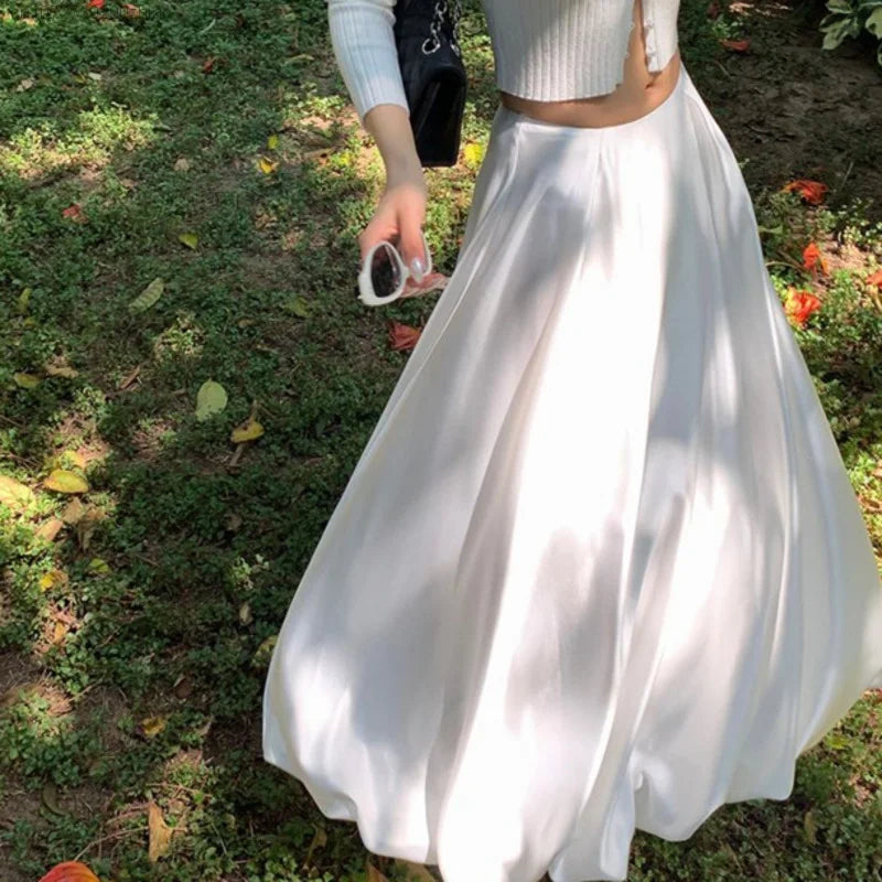 2024 Spring White Satin Low Waist A Line Ball Gown Long Skirts For Women French Romantic Elegant Solid Fairy Dress For Girl