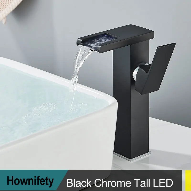 Brass LED Waterfall Bathroom Basin Faucet Deck Mount Cold Hot Water Mixer Crane Tap Short or Tall Tapware Water Flow Motor Free shipping