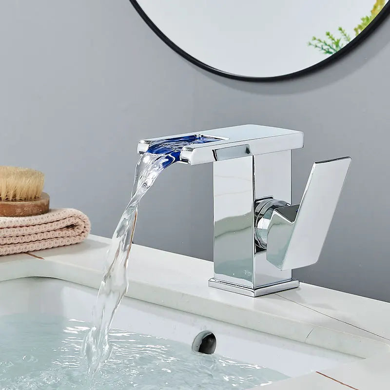 Brass LED Waterfall Bathroom Basin Faucet Deck Mount Cold Hot Water Mixer Crane Tap Short or Tall Tapware Water Flow Motor Free shipping