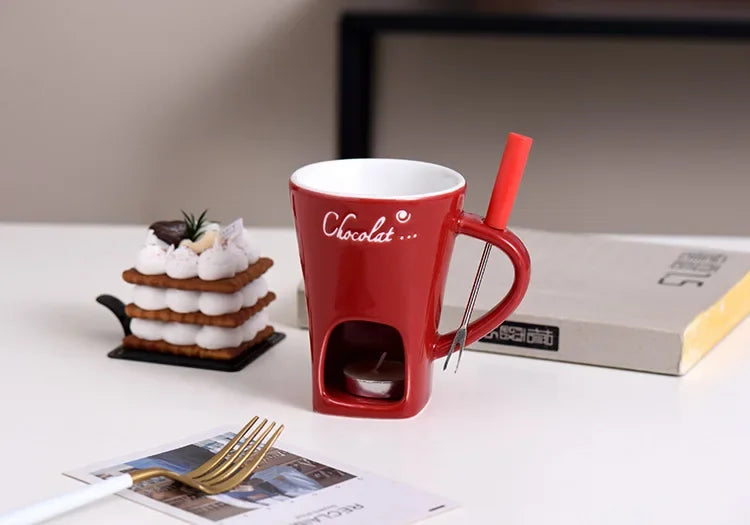 Ceramic Chocolate Cup European Candle Cup Cheese Chocolate Melting Ceramic Mug Heating Food Ceramic Mugwith Fork Creative Mugs