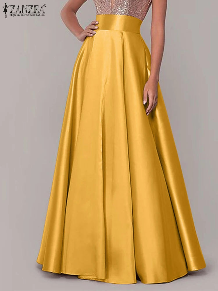 ZANZEA Women High Waist Maxi Skirts 2024 New Casual Loose Party Sundress Femme Long Silk Satin Skirt Faldas Saia Vestidos Robe