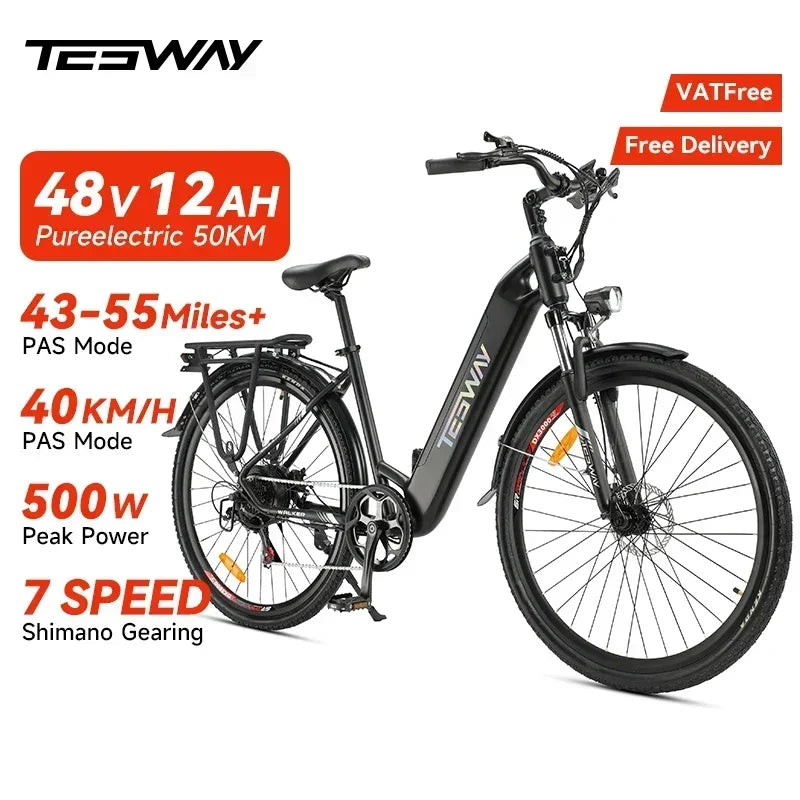2025 NEW TESWAY Electric Bike 500W Motor 48V 12AH Battery 27.5*2.4-inch Tires 40km/h Max Speed 90km Range Mechanical Disc Brakes