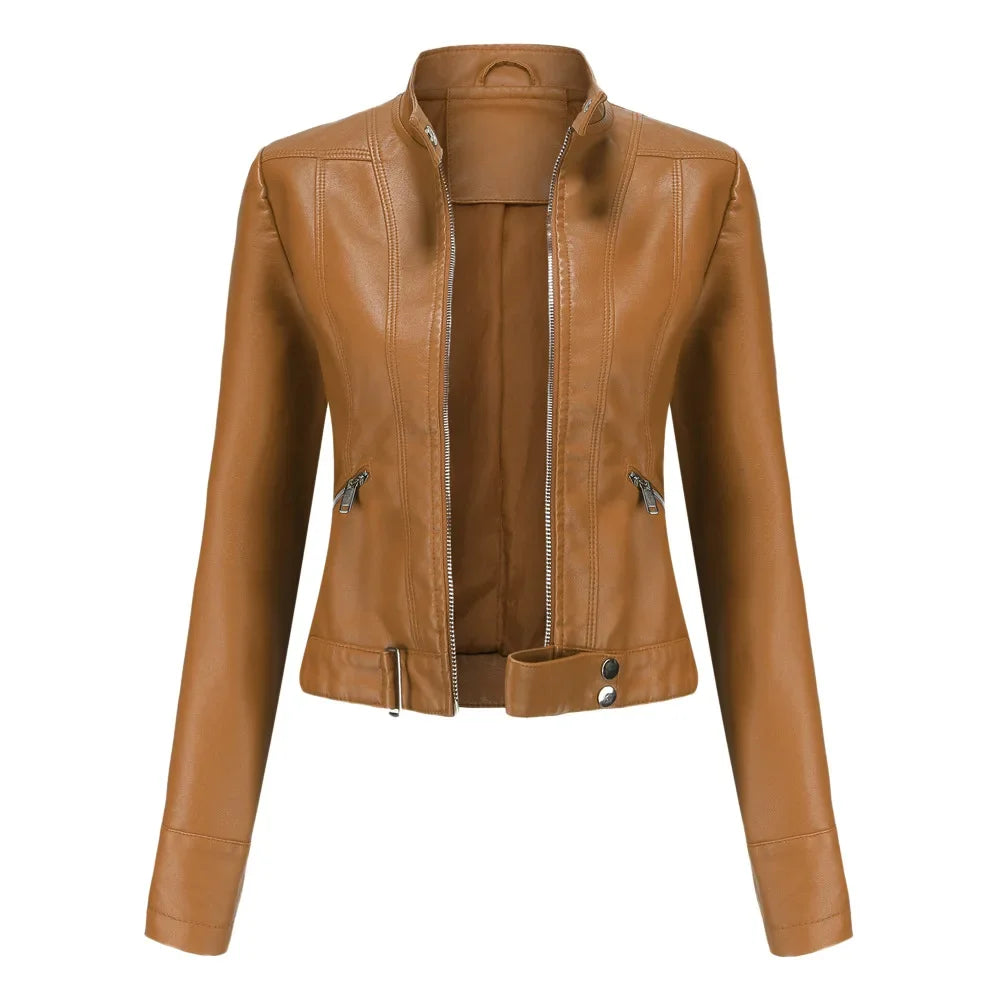 Spring Autumn Stand Collar Ladies Thin Leather Outerwear 2024 New Style Women's Leather Jacket Short Slim Fit