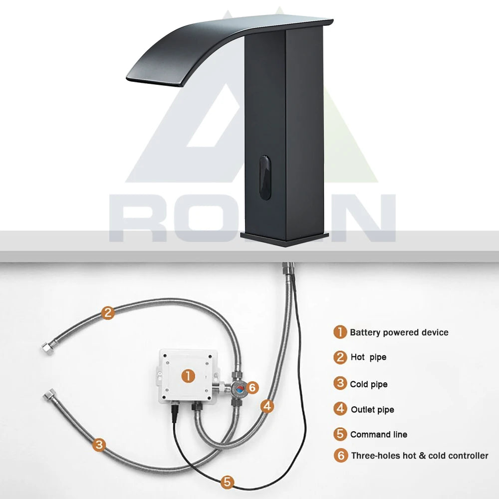 Rozin Black Smart Sensor Bathroom Basin Faucet Touchless Automatic Sense Mixer Tap Waterfall Hot Cold Water Washbasin Crane FREE SHIPPING