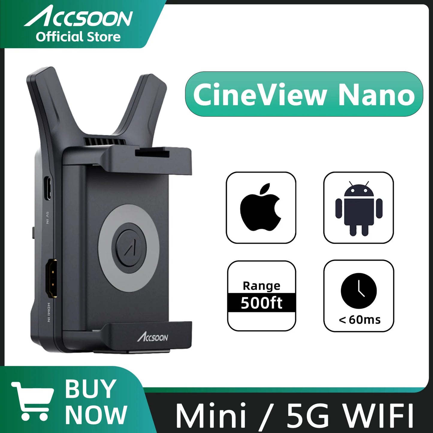 Cineview Nano Accsoon HDMI 150M Range Wireless Video Transmitter 60ms Latency 5GHz Wifi for Android IOS Devices DSLR/RS2 Camera