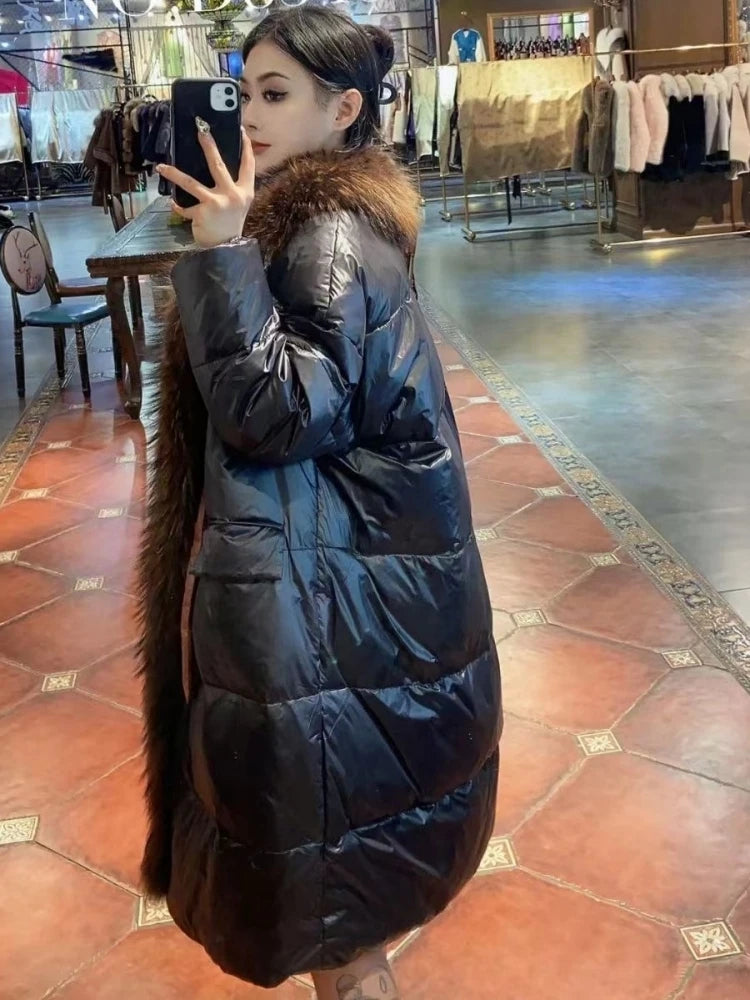 2024 - 2025 New Natural Real Fox Fur Long White Duck Down Jacket Winter Women Warm Loose Coat Thick Outerwear Streetwear