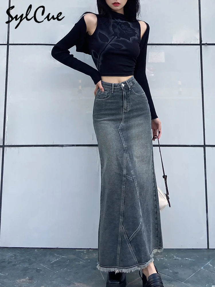 Sylcue Retro Classic All-Match Vitality Casual Commuter Outing Tight Sexy White Irregular Women'S Long Denim Skirt Girl Cool
