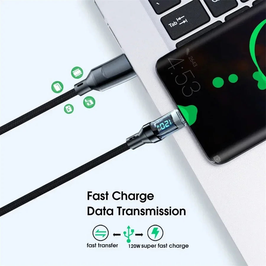 1PCS 120W Type C to Type C Super Fast Charging Cable for Phone with LED Display USB Data Cable to Type C for huawei oppo vivo