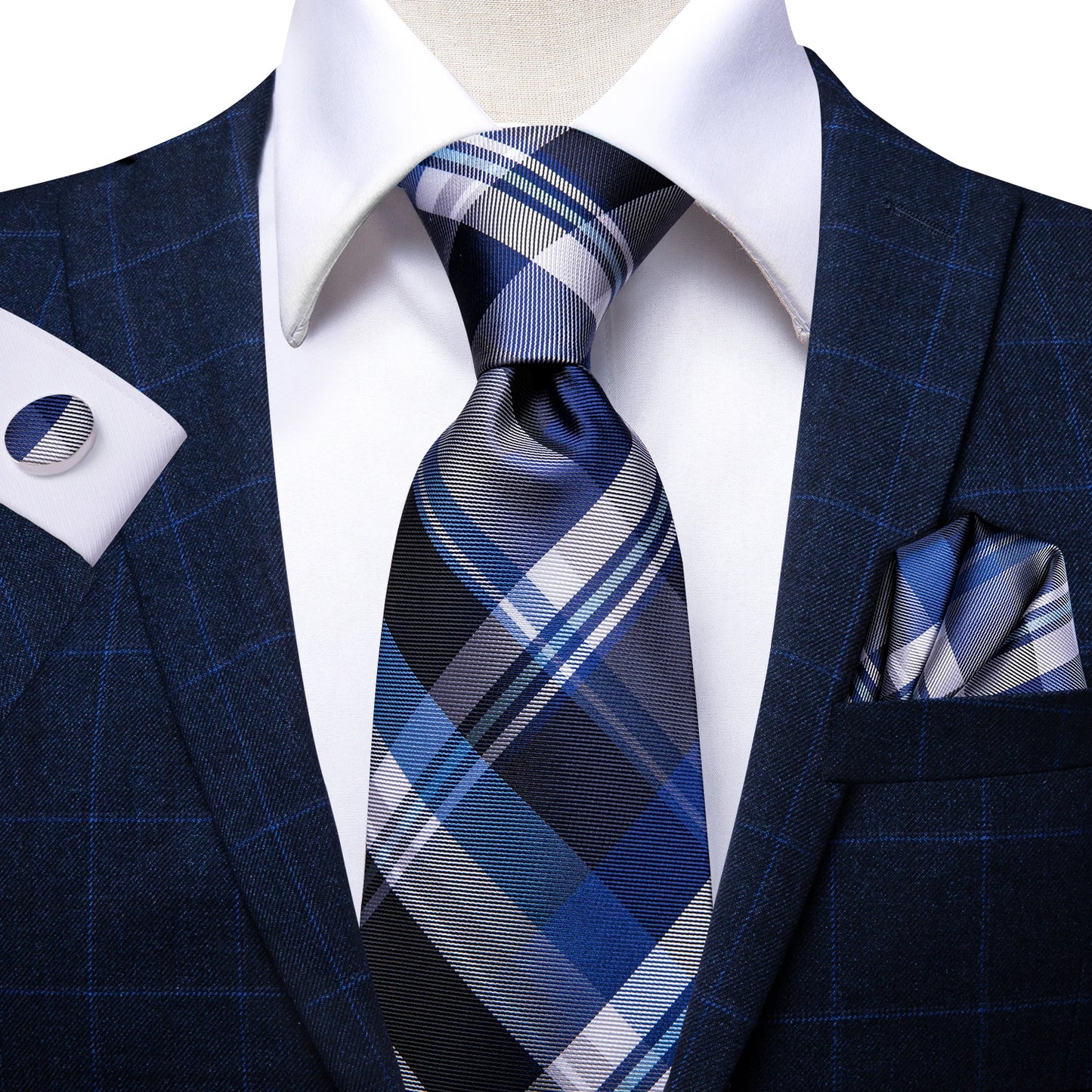Brand New 2025 Hi-Tie Light Blue Striped Novelty Silk Wedding Tie For Men Handky Cufflinks Nicktie Set Fashion Design Business Party